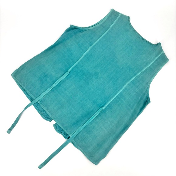 Papa Teal Embroidered Stripe V-Neck Button Front Tie Back Sleeveless Top, Medium - Picture 2 of 16